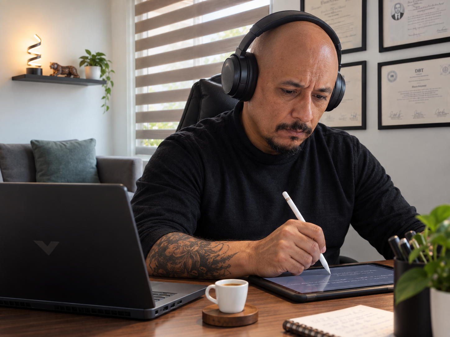 Jorge Arturo Covarrubias trabajando y tomando notas durante su práctica clínica