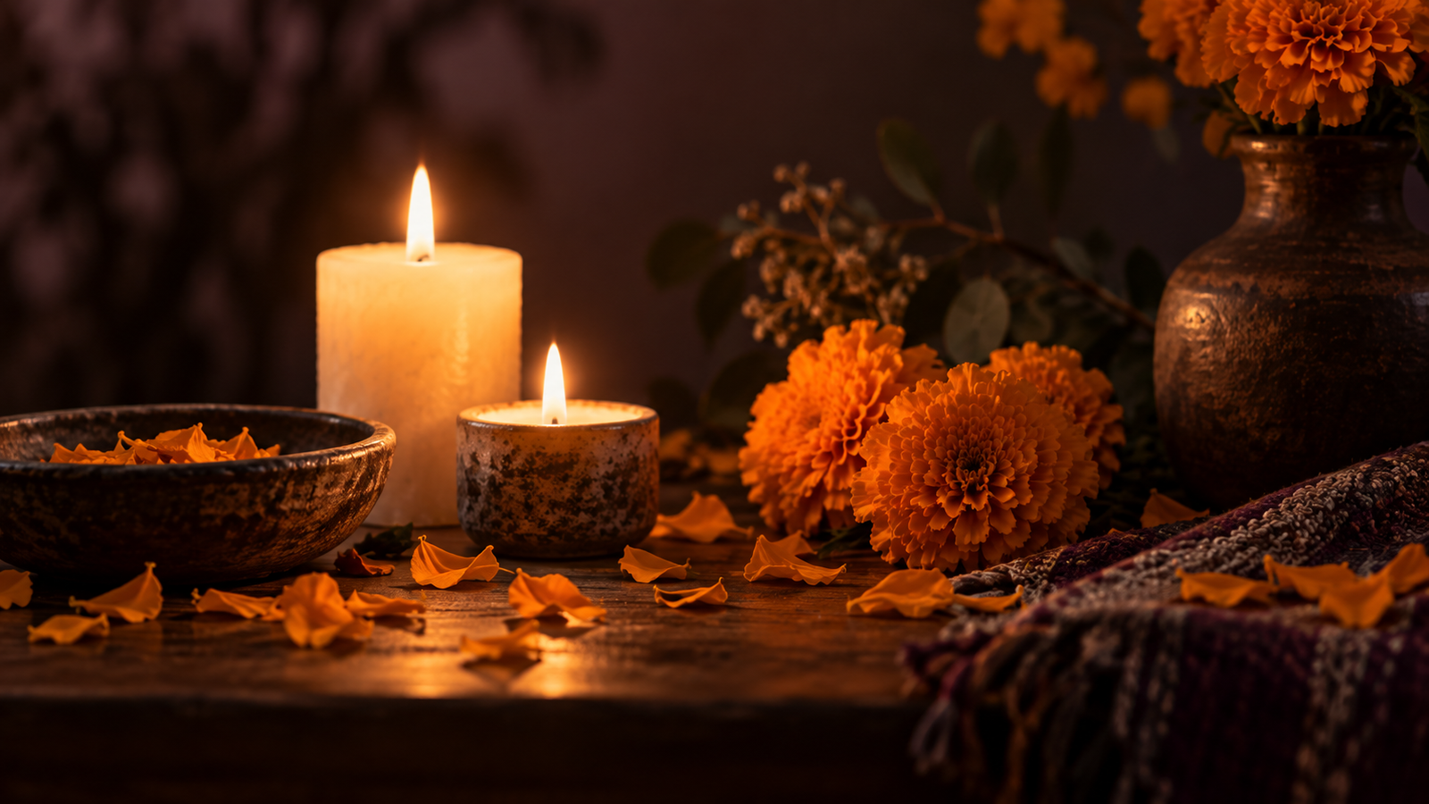 Flores de cempasúchil y objetos simbólicos relacionados con la memoria y el Día de Muertos